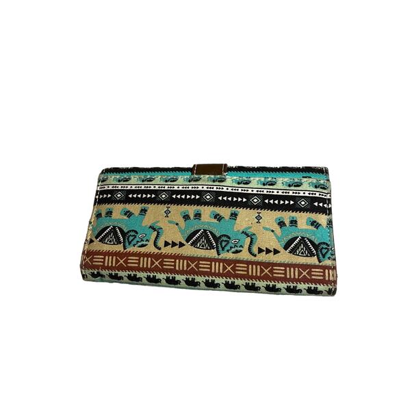 Tribal Aqua Blue Elephant Boho Button Closure Trifold Envelope Wallet Women - Picture 2 of 7